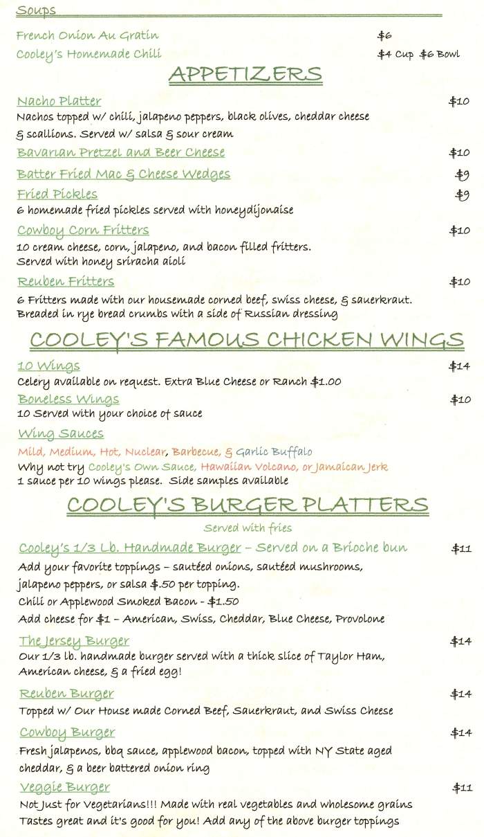 Page 1 of menu, Cooley's Stone House Tavern Cooperstown, NY