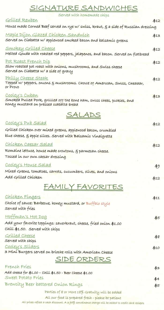 Page 2 of menu, Cooley's Stone House Tavern Cooperstown, NY