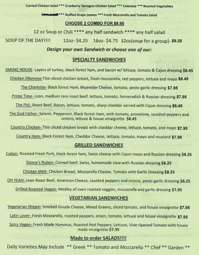 Page 1 of menu, Danny's Market in Cooperstown, NY