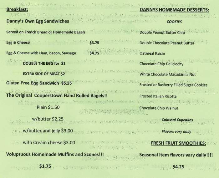 Page 2 of menu, Danny's Market in Cooperstown, NY