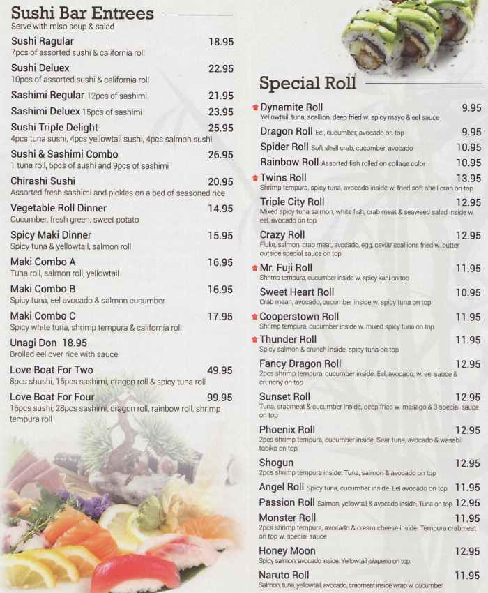 Page 3 of menu, Mt Fuji Sushi & Hibachi Cooperstown, NY