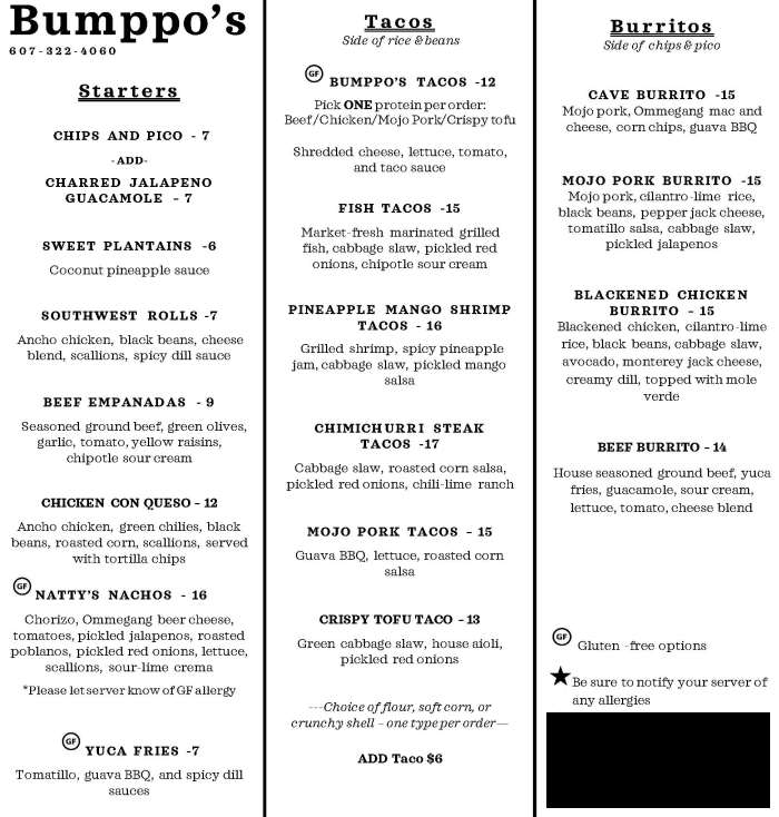 Page 1 of menu, Natty Bumppo's Cooperstown, NY