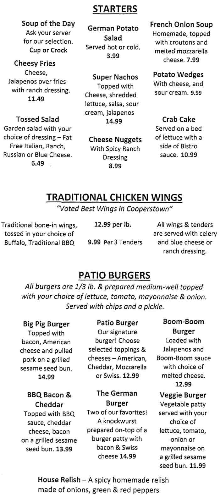 Page 1 of menu, Pioneer Patio Cooperstown, NY