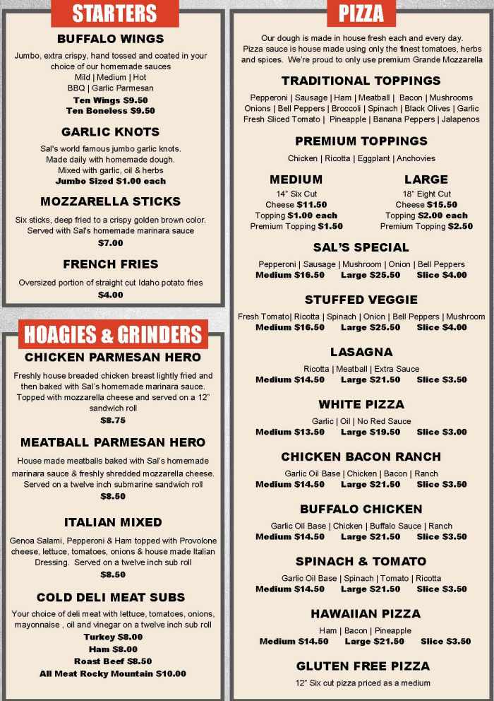 Page 1 of menu, Sal's Pizzeria Cooperstown, NY