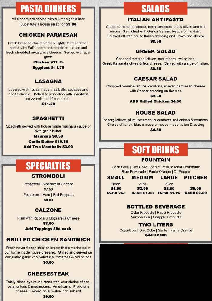 Page 2 of menu, Sal's Pizzeria Cooperstown, NY