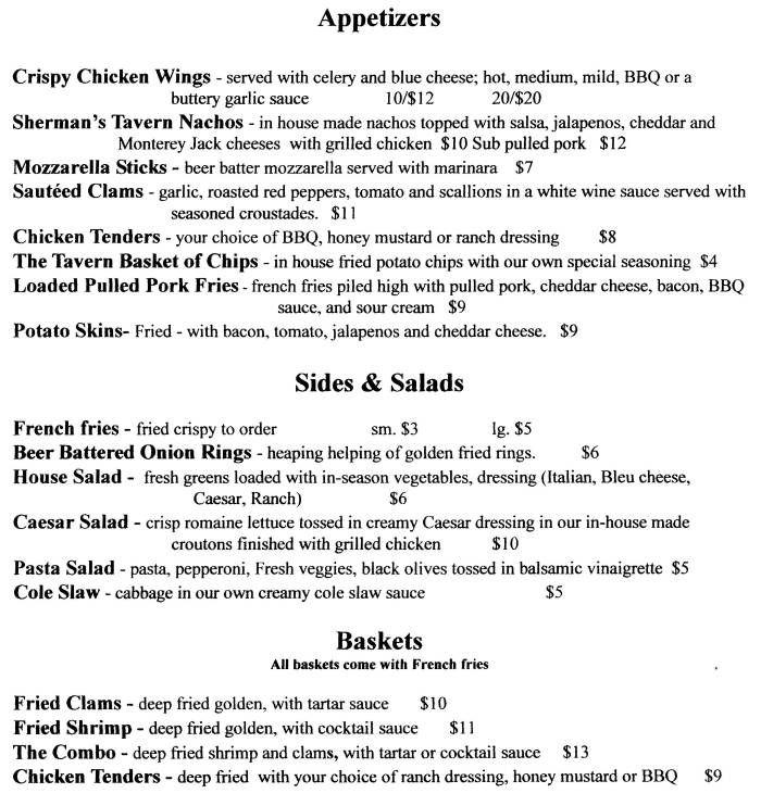 Page 1 of menu, Sherman's Tavern Cooperstown, NY