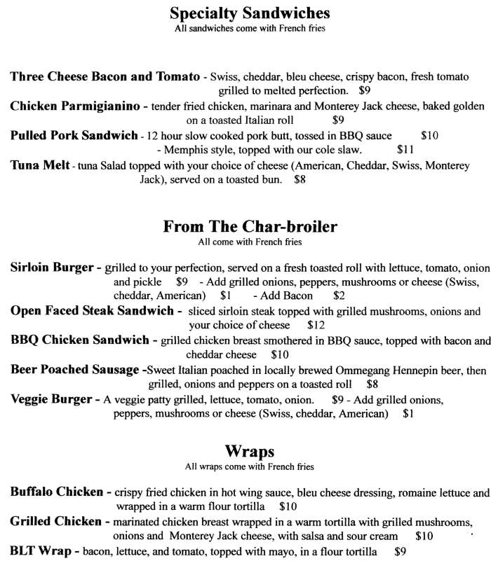 Page 2 of menu, Sherman's Tavern Cooperstown, NY