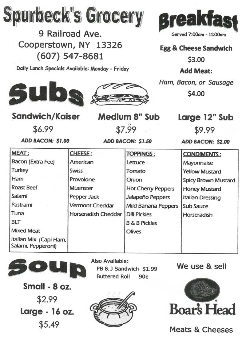 Deli menu, Spurbecks Grocery in Cooperstown, NY