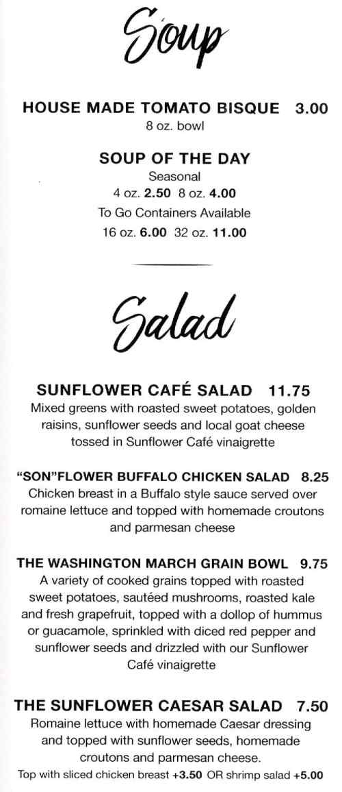 Page 1 of menu, Sunflower Cafe in Cooperstown, NY