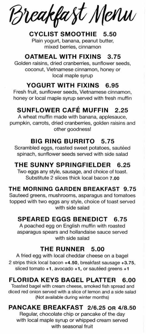 Page 4 of menu, Sunflower Cafe in Cooperstown, NY